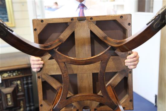 A pair of ebony strung burr walnut envelope card tables, W.1ft 11in. D.1ft 11in. H.2ft 5in.